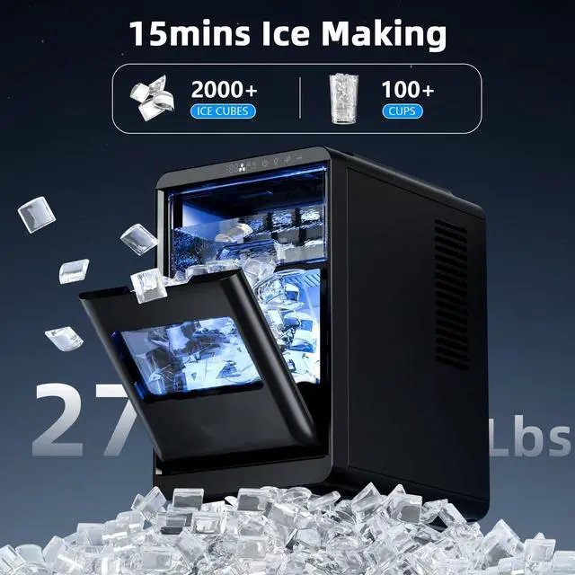Alt view image 2 of 7 - Crescent Ice Maker, Slow-Melting Countertop Ice Maker, 27 Lbs/24H, 16Pcs in 15Mins, Self-Cleaning,24-Hour Timer, for Home/Kitchen/Office/Party