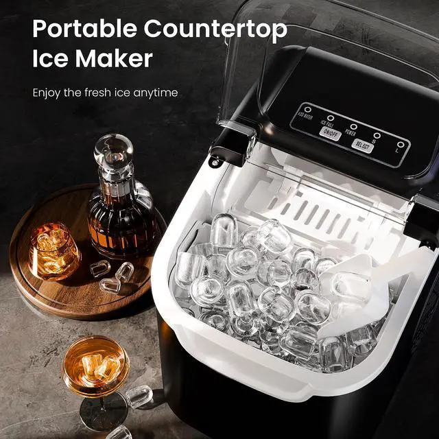 Alt view image 2 of 7 - Countertop Ice Maker Machine with Handle, 8 Cubes Ready in 6 Mins, 26.5lbs/24Hrs, Self-Cleaning Portable Ice Maker/Basket and Scoop for Home/Kitchen/Camping/RV (Black/Grey)