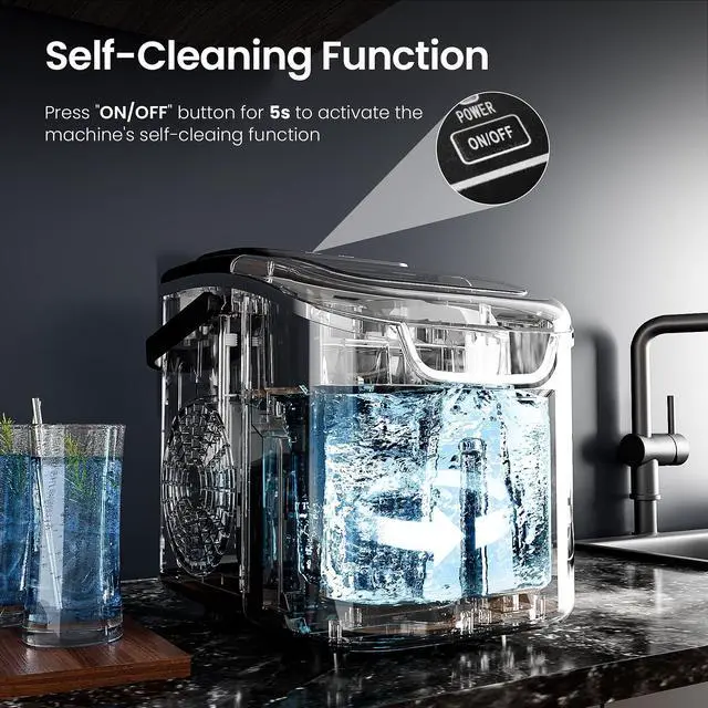 Alt view image 5 of 7 - Countertop Ice Maker Machine with Handle, 8 Cubes Ready in 6 Mins, 26.5lbs/24Hrs, Self-Cleaning Portable Ice Maker/Basket and Scoop for Home/Kitchen/Camping/RV (Black/Grey)