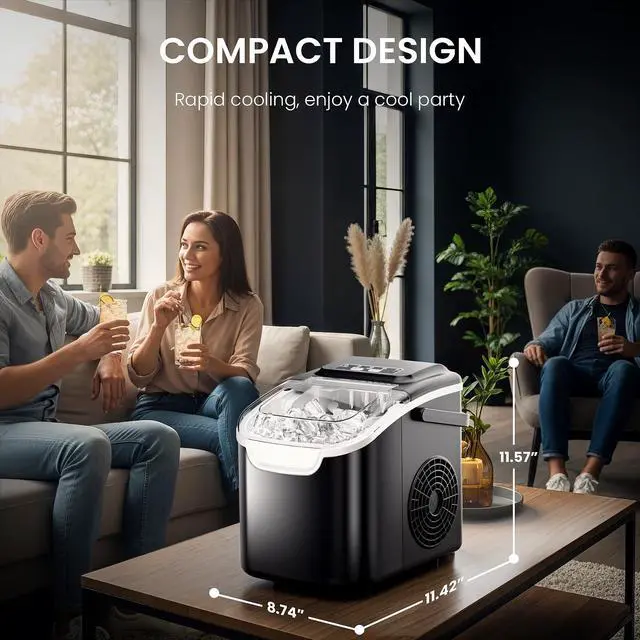 Alt view image 7 of 7 - Countertop Ice Maker Machine with Handle, 8 Cubes Ready in 6 Mins, 26.5lbs/24Hrs, Self-Cleaning Portable Ice Maker/Basket and Scoop for Home/Kitchen/Camping/RV (Black/Grey)