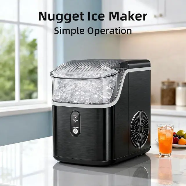 Alt view image 7 of 7 - Nugget Ice Maker Countertop, Chewable Pellet Ice Machine with Self Cleaning Function, Pebble Portable Ice Maker with Ice Scoop for Home Kitchen Office (Black)
