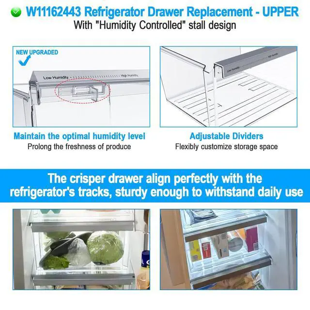 Alt view image 2 of 7 - UPGRADED W11162443 Refrigerator Crisper Drawer Compatible with Whirlpool Crisper Drawer W10899435 Whirlpool Fridge Drawer W11046494 Maytag Refrigerator Drawer WRS325SDHZ WRS315SDHZ WRS315SDHM Drawer