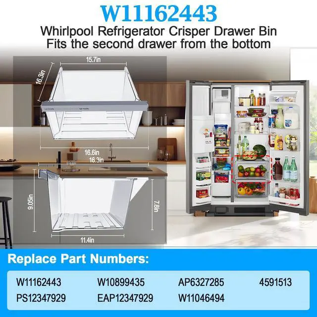 Alt view image 5 of 7 - UPGRADED W11162443 Refrigerator Crisper Drawer Compatible with Whirlpool Crisper Drawer W10899435 Whirlpool Fridge Drawer W11046494 Maytag Refrigerator Drawer WRS325SDHZ WRS315SDHZ WRS315SDHM Drawer