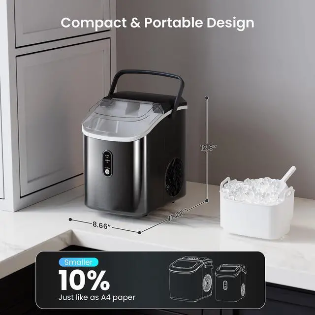 Alt view image 2 of 7 - Countertop Nugget Ice Maker, 34 Lbs/24H, Stainless Steel Pebble Ice Machine, One-Click, Self-Cleaning, Compact Ice Maker with Basket & Scoop, for Kitchen Office Bar, Steel Black
