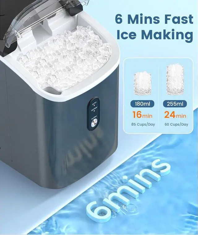 Alt view image 3 of 7 - Countertop Nugget Ice Maker, 34 Lbs/24H, Stainless Steel Pebble Ice Machine, One-Click, Self-Cleaning, Compact Ice Maker with Basket & Scoop, for Kitchen Office Bar, Steel Black