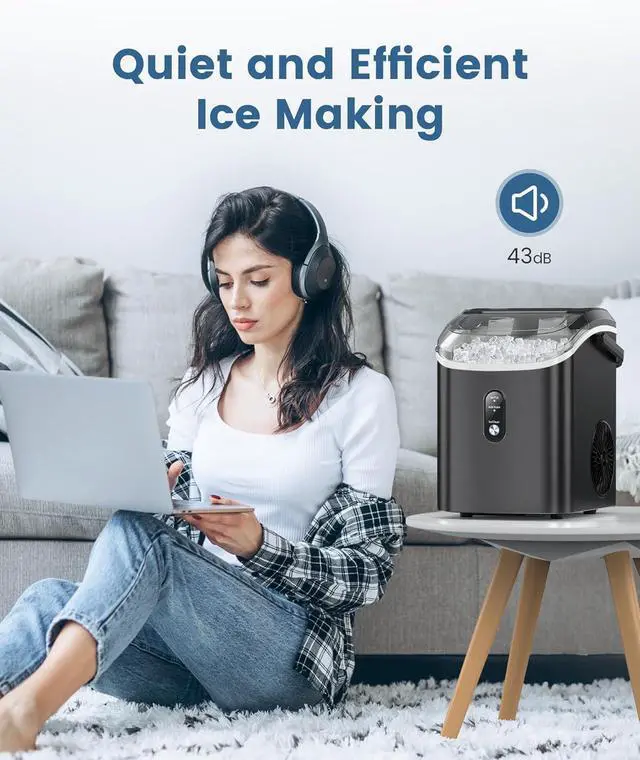 Alt view image 6 of 7 - Countertop Nugget Ice Maker, 34 Lbs/24H, Stainless Steel Pebble Ice Machine, One-Click, Self-Cleaning, Compact Ice Maker with Basket & Scoop, for Kitchen Office Bar, Steel Black