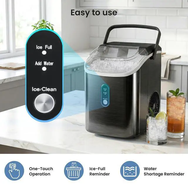 Alt view image 7 of 7 - Countertop Nugget Ice Maker, 34 Lbs/24H, Stainless Steel Pebble Ice Machine, One-Click, Self-Cleaning, Compact Ice Maker with Basket & Scoop, for Kitchen Office Bar, Steel Black