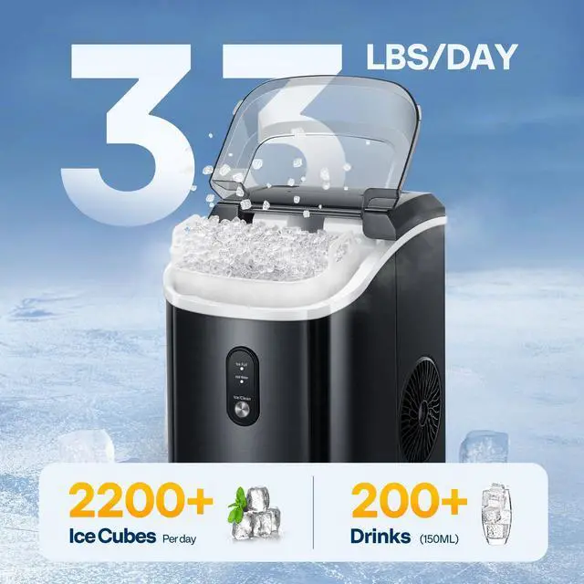 Alt view image 3 of 7 - Countertop Ice Maker, 33lbs/Day Black | Chewable Nugget Ice Cube Maker Machine 10 Ice Bags Self Cleaning Ice Cube Maker