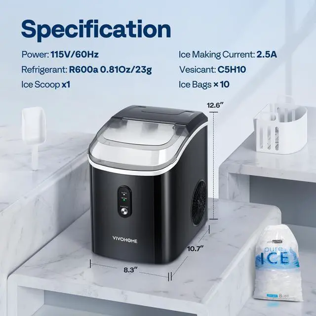 Alt view image 7 of 7 - Countertop Ice Maker, 33lbs/Day Black | Chewable Nugget Ice Cube Maker Machine 10 Ice Bags Self Cleaning Ice Cube Maker