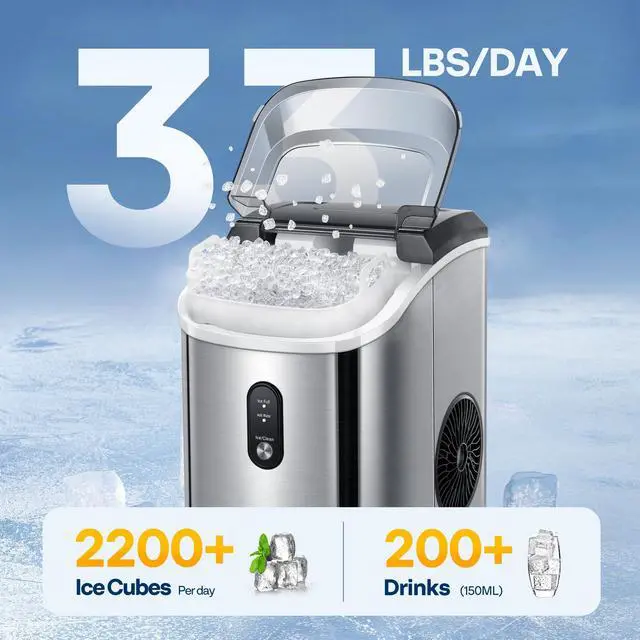 Alt view image 3 of 7 - Countertop Nugget Ice Cube Maker, 33lbs/Day Silver | Electric Portable Compact Automatic Chewable Nugget Ice Maker Machine with Hand Scoop 10 Ice Bags and Self Cleaning Function