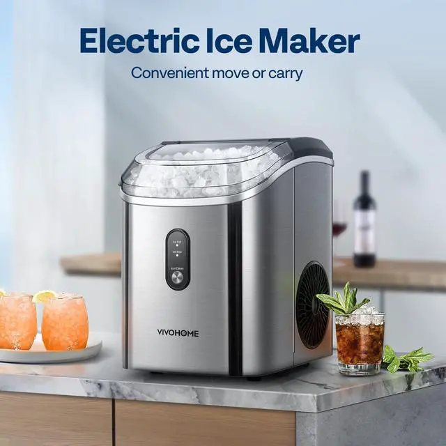 Alt view image 6 of 7 - Countertop Nugget Ice Cube Maker, 33lbs/Day Silver | Electric Portable Compact Automatic Chewable Nugget Ice Maker Machine with Hand Scoop 10 Ice Bags and Self Cleaning Function