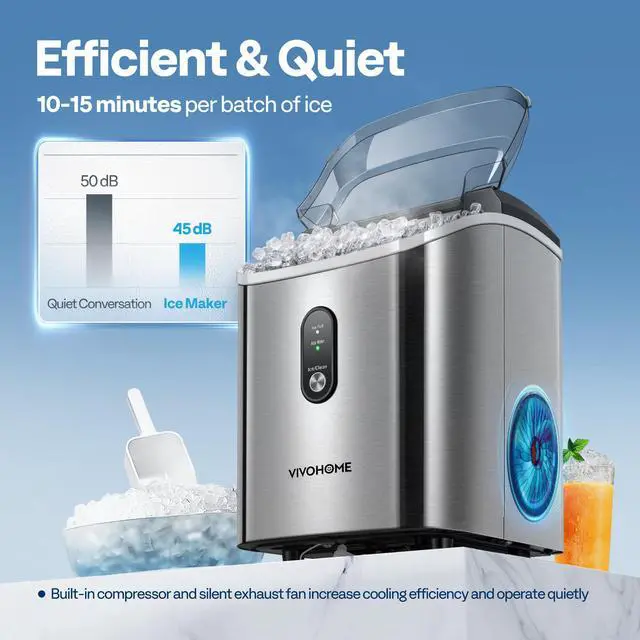 Alt view image 4 of 7 - Countertop Nugget Ice Cube Maker, 33lbs/Day Silver | Electric Portable Compact Automatic Chewable Nugget Ice Maker Machine with Hand Scoop 10 Ice Bags and Self Cleaning Function