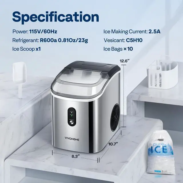 Alt view image 7 of 7 - Countertop Nugget Ice Cube Maker, 33lbs/Day Silver | Electric Portable Compact Automatic Chewable Nugget Ice Maker Machine with Hand Scoop 10 Ice Bags and Self Cleaning Function
