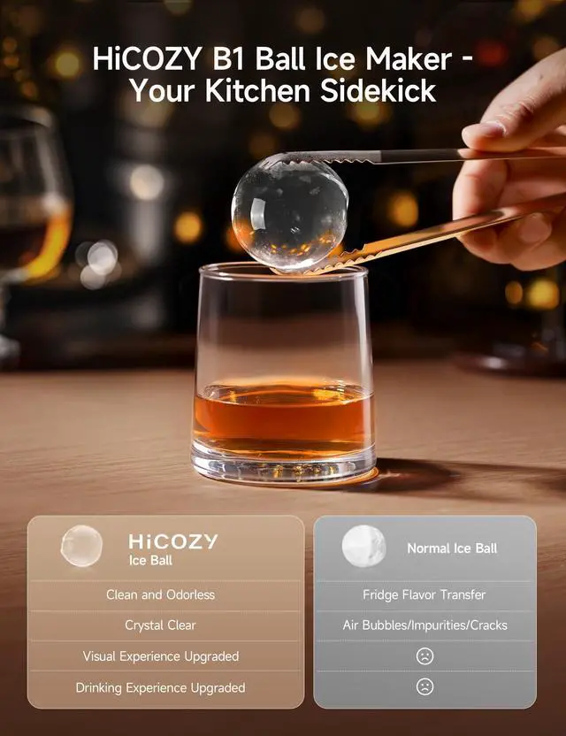 Alt view image 2 of 7 - B1 2" Clear Ice Ball Maker, Countertop, 40 Pcs/Day Self-Cleaning | Makes 2 big crystal sphere ice balls in 60 mins, with ice tong, round ice cube machine ideal for cocktails and whiskey