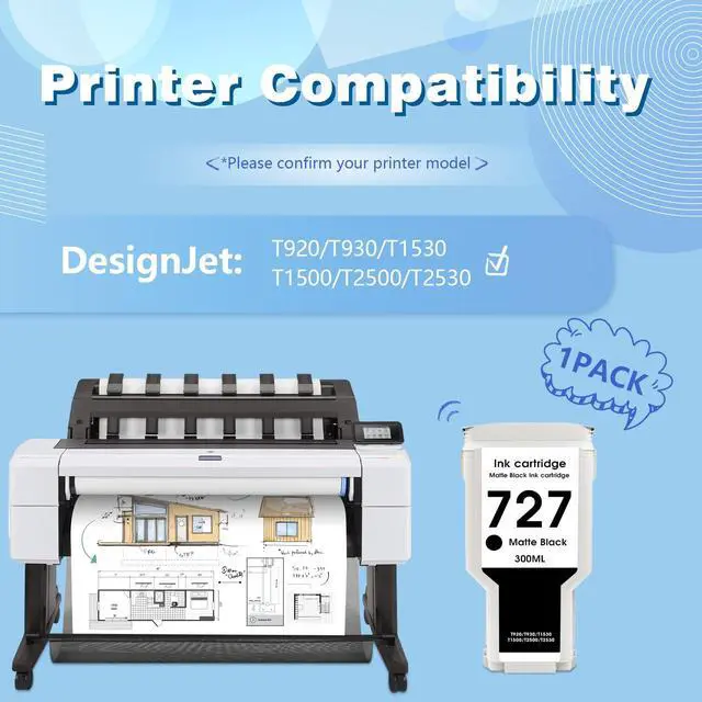 Alt view image 2 of 6 - 727 Ink Cartridges Matte Black 300ML High Yield Compatiblet for HP Ink 727 hp 727XL Ink Work for DesignJet T930 T2530 T1530 T2500 T920 T1500 Printer,1 Pack