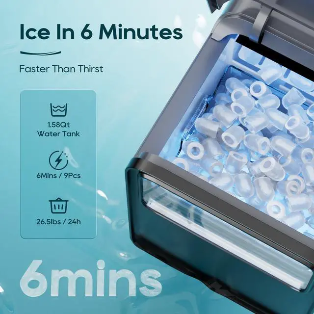 Alt view image 3 of 7 - Ice Maker Countertop, 9 Ice Cubes in 6 mins, 26.5LBS /24H | 2 Sizes of Bullet Ice, Self-Cleaning, 1.5L Portable Ice Machine,with Basket and Scoop, Idea for Home Kitchen Party Camping RV