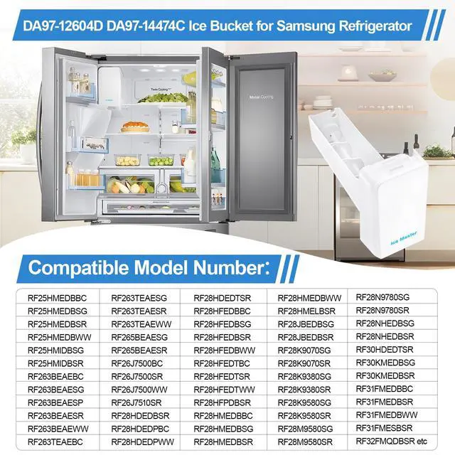 Alt view image 4 of 7 - Upgraded DA97-14474C Ice Bucket Compatible with Samsung Ice Maker DA97-14474A Samsung Ice Bucket Replacement DA97-12604D RF28HMEDBSR RF265BEAESR RF263BEAESR RF25HMEDBSR Ice Maker Tray Ice Container