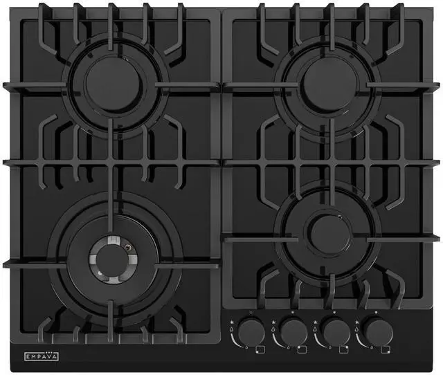 Main image of 24-Inch Built-In Gas Cooktop, 4 SABAF Burners, Black Glass Stove | 4 Italian SABAF burners, flame failure safety, NG/LPG convertible, tempered glass surface, dishwasher-safe grates
