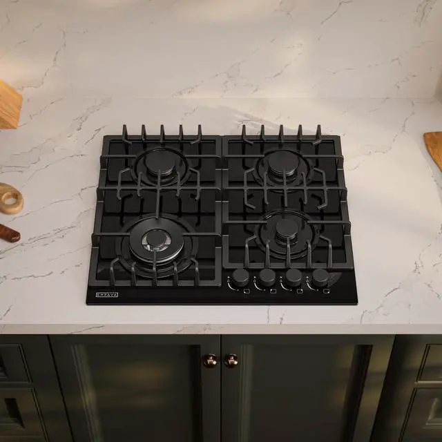 Alt view image 3 of 7 - 24-Inch Built-In Gas Cooktop, 4 SABAF Burners, Black Glass Stove | 4 Italian SABAF burners, flame failure safety, NG/LPG convertible, tempered glass surface, dishwasher-safe grates