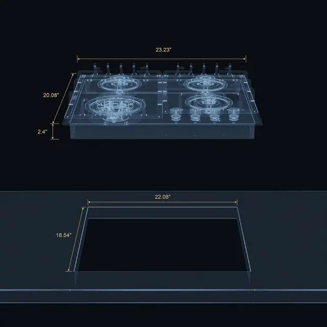 Alt view image 7 of 7 - 24-Inch Built-In Gas Cooktop, 4 SABAF Burners, Black Glass Stove | 4 Italian SABAF burners, flame failure safety, NG/LPG convertible, tempered glass surface, dishwasher-safe grates