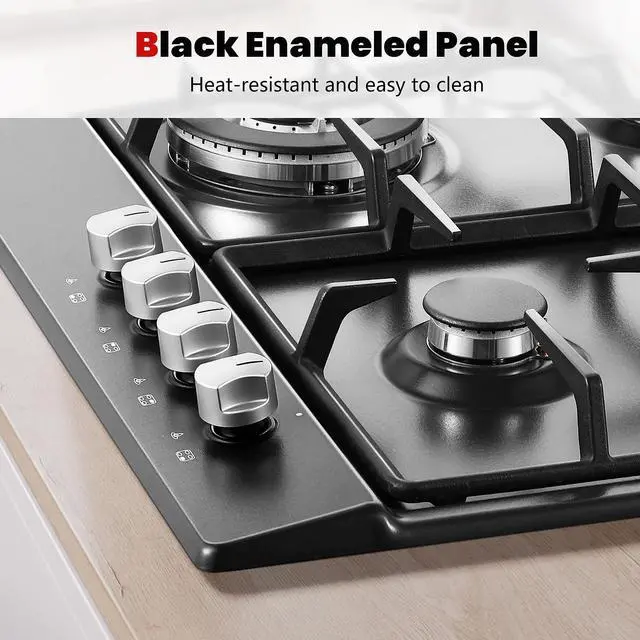 Alt view image 2 of 7 - 24 Inch Gas Cooktop, Built-In 4 Burner Gas Stove Top, NG/LPG Convertible Black Enamel Propane Cooktop with Thermocouple Protection for Kitchen, Apartments, RV