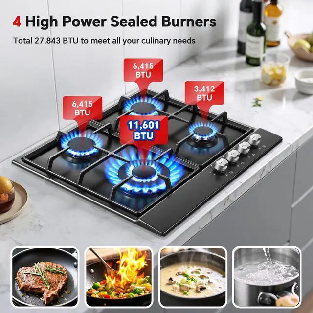 Alt view image 3 of 7 - 24 Inch Gas Cooktop, Built-In 4 Burner Gas Stove Top, NG/LPG Convertible Black Enamel Propane Cooktop with Thermocouple Protection for Kitchen, Apartments, RV