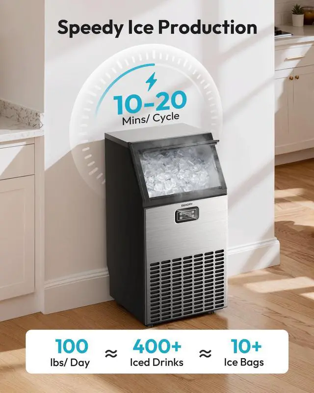 Alt view image 2 of 7 - Commercial Ice Maker Machine - 100lbs Daily Production, 33lbs Ice Storage, Stainless Steel Freestanding & Under Counter Ice Maker, Ideal Ice Maker for Home/Bar/Restaurant/Outdoor Activities