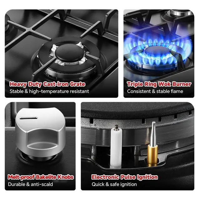 Alt view image 4 of 7 - 24 Inch Gas Cooktop, Built-In 4 Burner Gas Stove Top, NG/LPG Convertible Black Enamel Propane Cooktop with Thermocouple Protection for Kitchen, Apartments, RV