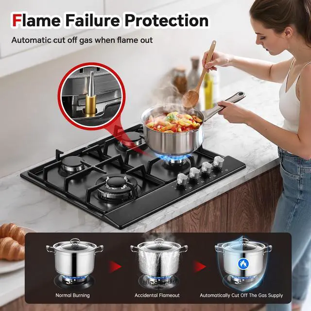 Alt view image 5 of 7 - 24 Inch Gas Cooktop, Built-In 4 Burner Gas Stove Top, NG/LPG Convertible Black Enamel Propane Cooktop with Thermocouple Protection for Kitchen, Apartments, RV