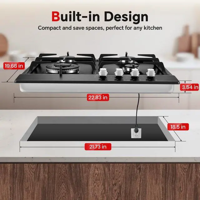 Alt view image 6 of 7 - 24 Inch Gas Cooktop, Built-In 4 Burner Gas Stove Top, NG/LPG Convertible Black Enamel Propane Cooktop with Thermocouple Protection for Kitchen, Apartments, RV
