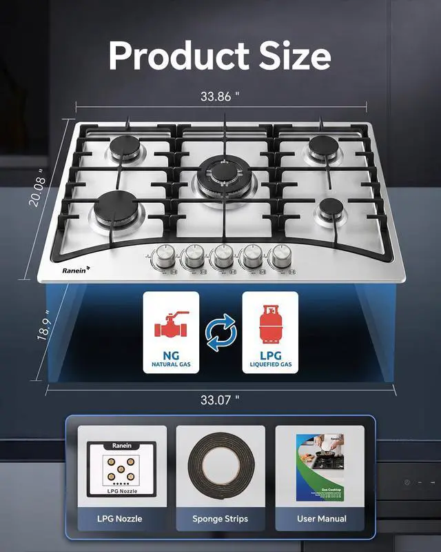Alt view image 2 of 7 - 34 Inch 5 Burner Gas Cooktop, NG/LPG Convertible Gas Stove Top, 304 Stainless Steel with Thermocouple Flameout Protection for Kitchens, Apartments, RVs