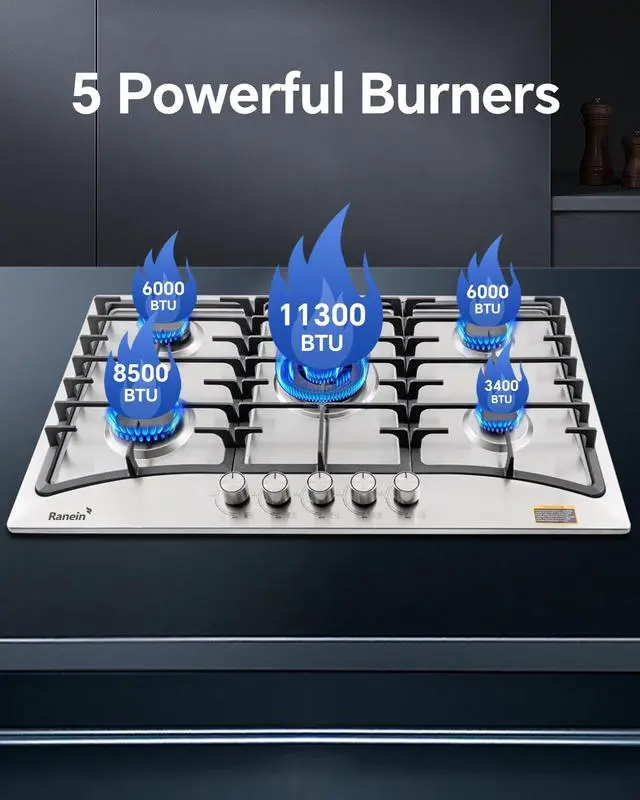 Alt view image 3 of 7 - 34 Inch 5 Burner Gas Cooktop, NG/LPG Convertible Gas Stove Top, 304 Stainless Steel with Thermocouple Flameout Protection for Kitchens, Apartments, RVs
