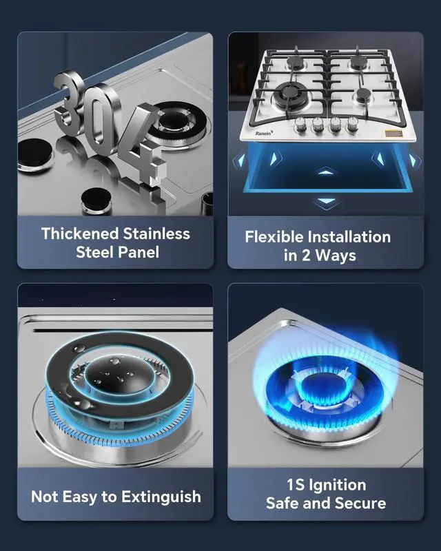 Alt view image 4 of 7 - 34 Inch 5 Burner Gas Cooktop, NG/LPG Convertible Gas Stove Top, 304 Stainless Steel with Thermocouple Flameout Protection for Kitchens, Apartments, RVs