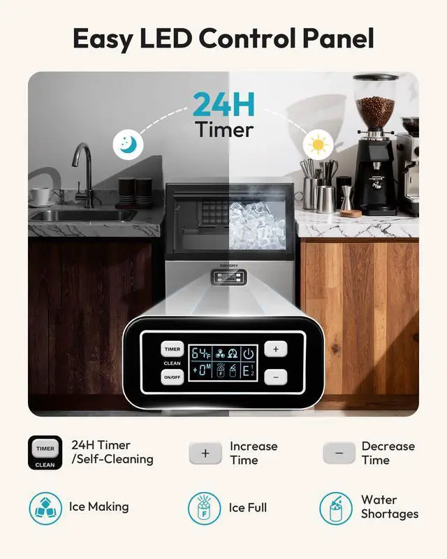 Alt view image 5 of 7 - Commercial Ice Maker Machine - 100lbs Daily Production, 33lbs Ice Storage, Stainless Steel Freestanding & Under Counter Ice Maker, Ideal Ice Maker for Home/Bar/Restaurant/Outdoor Activities