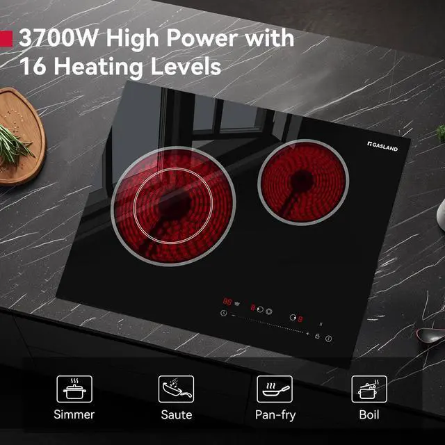 Alt view image 5 of 7 - 21 Inch Electric Cooktop 2 Burner, Built-in, 220V | ETL Certified, 16 Power Levels, Slide Touch Control, Timer, Perfect for Apartments & Everyday Cooking