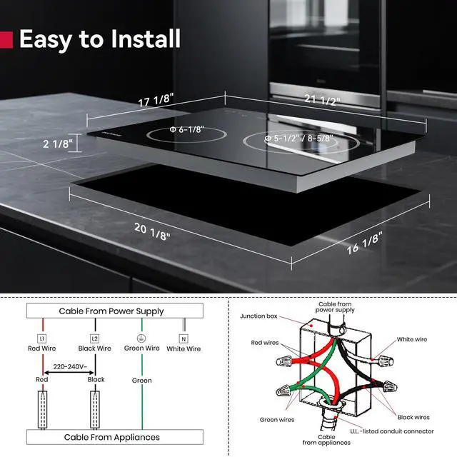 Alt view image 2 of 7 - 21 Inch Electric Cooktop 2 Burner, Built-in, 220V | ETL Certified, 16 Power Levels, Slide Touch Control, Timer, Perfect for Apartments & Everyday Cooking