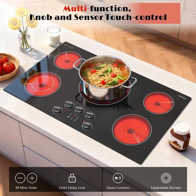 Alt view image 2 of 7 - 36 inch Electric Cooktop, 5 Burner Radiant Ceramic Cooktop,Drop-in | Knob & Touch Control, 9200W, 220-240V Hardwire, No Plug, Built-in Stove Top, 9 Power Levels, Timer, Child Lock, Pause, Black