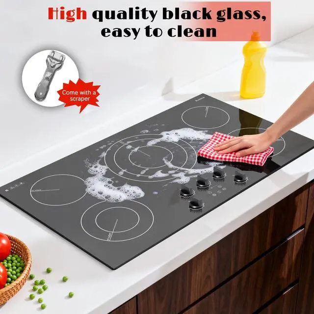 Alt view image 3 of 7 - 36 inch Electric Cooktop, 5 Burner Radiant Ceramic Cooktop,Drop-in | Knob & Touch Control, 9200W, 220-240V Hardwire, No Plug, Built-in Stove Top, 9 Power Levels, Timer, Child Lock, Pause, Black