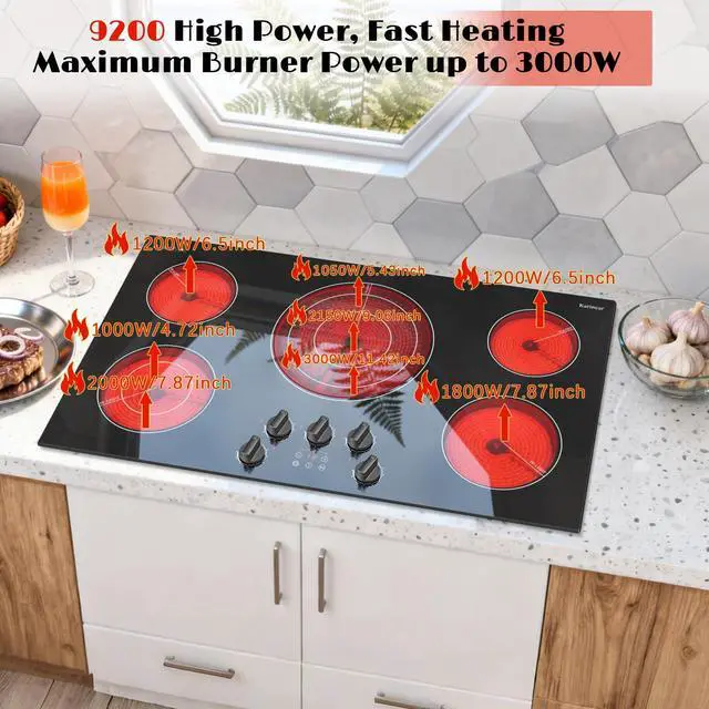 Alt view image 4 of 7 - 36 inch Electric Cooktop, 5 Burner Radiant Ceramic Cooktop,Drop-in | Knob & Touch Control, 9200W, 220-240V Hardwire, No Plug, Built-in Stove Top, 9 Power Levels, Timer, Child Lock, Pause, Black