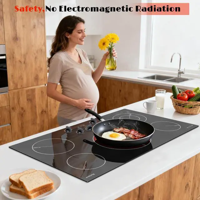 Alt view image 6 of 7 - 36 inch Electric Cooktop, 5 Burner Radiant Ceramic Cooktop,Drop-in | Knob & Touch Control, 9200W, 220-240V Hardwire, No Plug, Built-in Stove Top, 9 Power Levels, Timer, Child Lock, Pause, Black