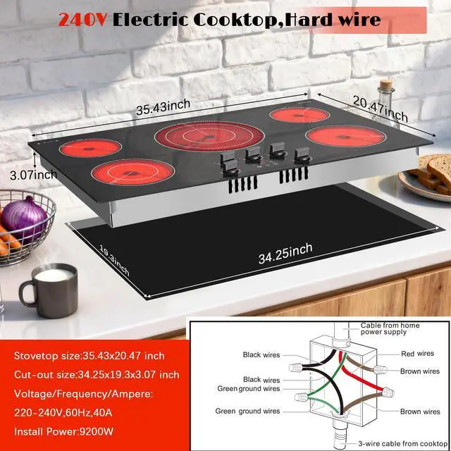 Alt view image 7 of 7 - 36 inch Electric Cooktop, 5 Burner Radiant Ceramic Cooktop,Drop-in | Knob & Touch Control, 9200W, 220-240V Hardwire, No Plug, Built-in Stove Top, 9 Power Levels, Timer, Child Lock, Pause, Black