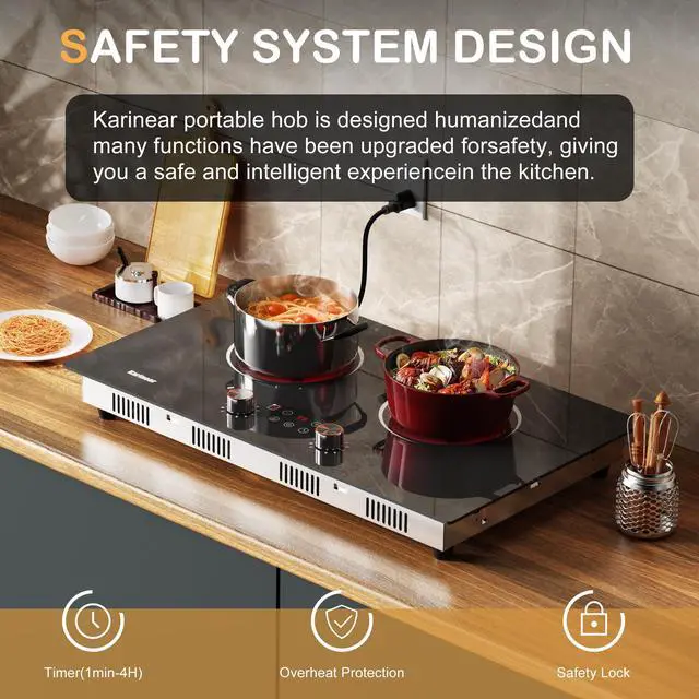 Alt view image 2 of 7 - Electric Cooktop 2 Burner, 110V Electri Stove Top, Knob Control | 2000W 110v Outlet Plug-in Electric Hot Plate, Countertop or Built-in Install, Timer, Safety Lock, 9 Power Level, 24 Inch