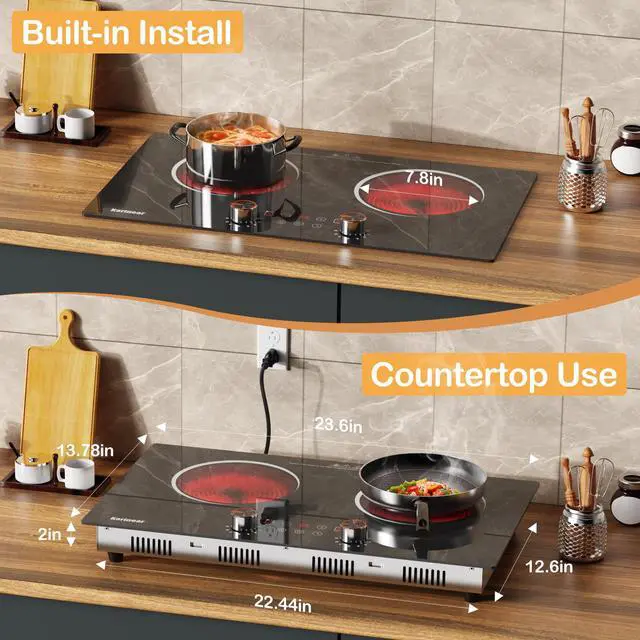 Alt view image 6 of 7 - Electric Cooktop 2 Burner, 110V Electri Stove Top, Knob Control | 2000W 110v Outlet Plug-in Electric Hot Plate, Countertop or Built-in Install, Timer, Safety Lock, 9 Power Level, 24 Inch
