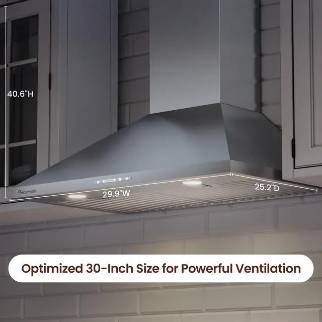Alt view image 3 of 7 - RHWMP30S 30" Wall Mounted Hood, 3 Speed Fan, LED Lights, Push Button Control, Stainless Steel