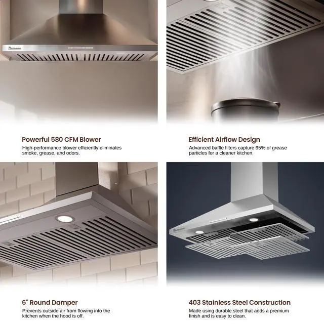 Alt view image 4 of 7 - RHWMP30S 30" Wall Mounted Hood, 3 Speed Fan, LED Lights, Push Button Control, Stainless Steel
