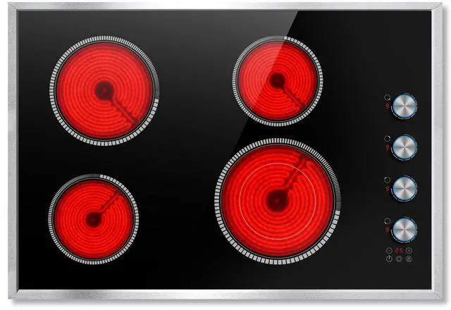 Main image of 30 Inch Electric Cooktop, 4 Burner Electric Stove Top Knob Control | Durable Metal Frame, Child Lock, Timer, 220-240V Hardwired, No Plug, 6700W, Overheat Protection, Bulit-in Glass Top