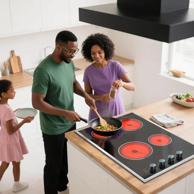 Alt view image 3 of 7 - 30 Inch Electric Cooktop, 4 Burner Electric Stove Top Knob Control | Durable Metal Frame, Child Lock, Timer, 220-240V Hardwired, No Plug, 6700W, Overheat Protection, Bulit-in Glass Top