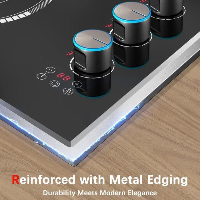 Alt view image 6 of 7 - 30 Inch Electric Cooktop, 4 Burner Electric Stove Top Knob Control | Durable Metal Frame, Child Lock, Timer, 220-240V Hardwired, No Plug, 6700W, Overheat Protection, Bulit-in Glass Top