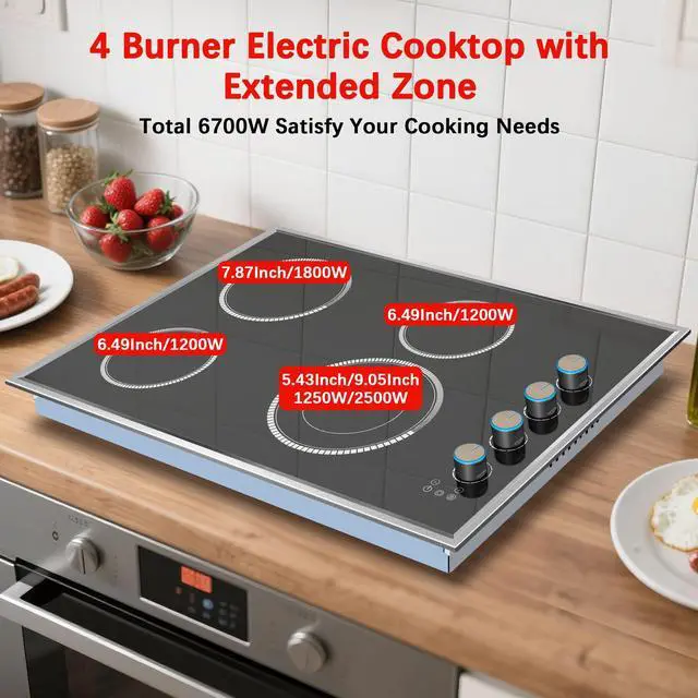 Alt view image 2 of 7 - 30 Inch Electric Cooktop, 4 Burner Electric Stove Top Knob Control | Durable Metal Frame, Child Lock, Timer, 220-240V Hardwired, No Plug, 6700W, Overheat Protection, Bulit-in Glass Top