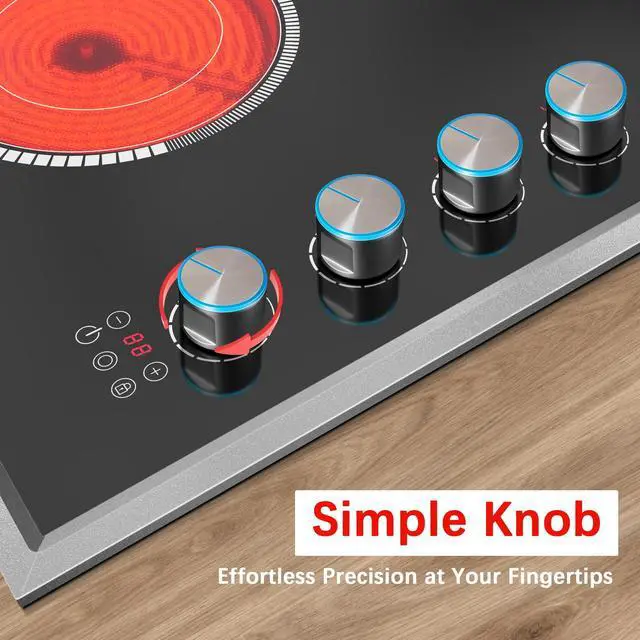 Alt view image 5 of 7 - 30 Inch Electric Cooktop, 4 Burner Electric Stove Top Knob Control | Durable Metal Frame, Child Lock, Timer, 220-240V Hardwired, No Plug, 6700W, Overheat Protection, Bulit-in Glass Top